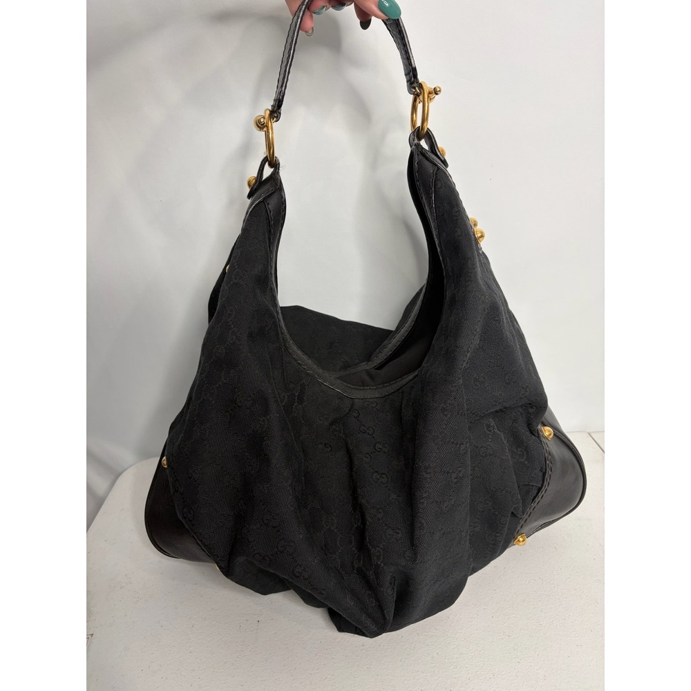 Gucci GG Monogram Jockey Hobo Bag Black Canvas Horsebit Gold Hardware Y2K 90s